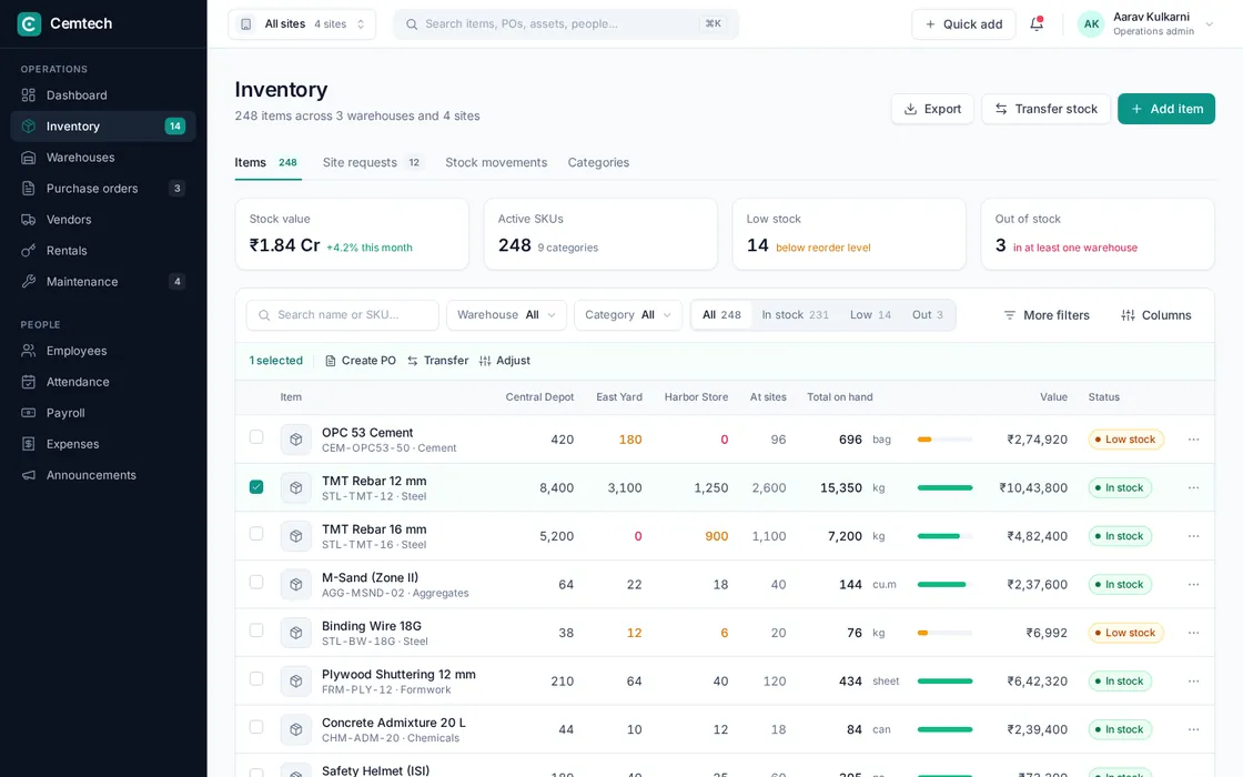 Cemtech inventory screen listing building materials with stock per warehouse and status badges (made-up data)