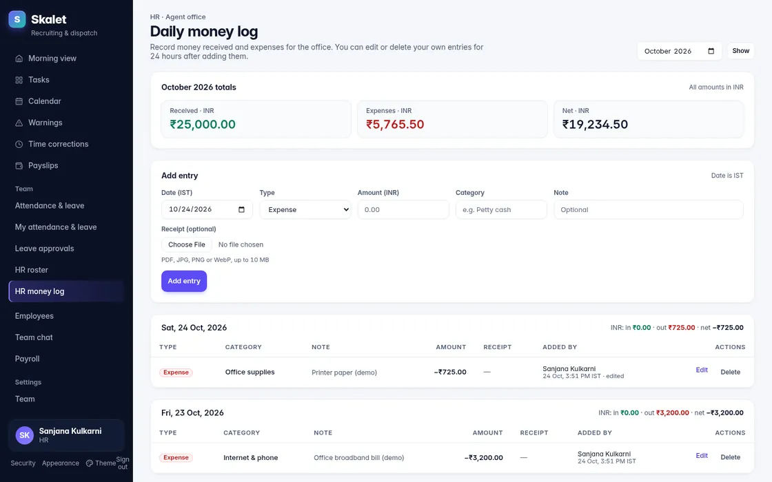 Skalet CRM HR daily money log with monthly totals, an add-entry form and dated expense entries (demo data)