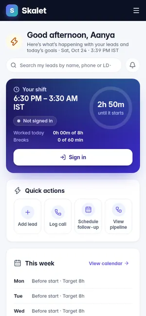 Skalet CRM agent home on a phone with shift timer and quick actions (demo data)
