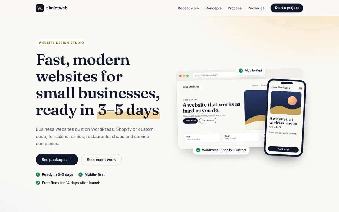 skaletweb.com homepage on desktop with the headline and a website illustration